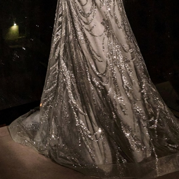 Black, silver, rose gold fitted glitter lace pattern gown - Picture 11 of 12